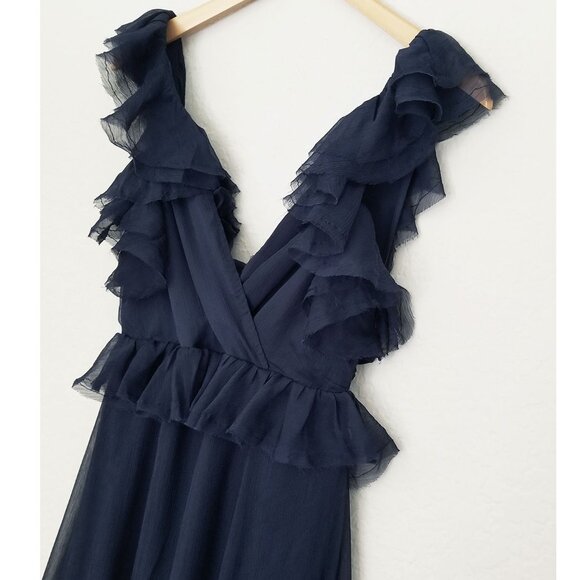 NEW Lulus Navy Blue Ruffled Tie-Back Maxi Dress S Gown Chiffon Fairy Romantic - Picture 6 of 16